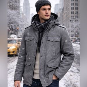 GUESS Men’s Hooded Winter Coat Gray Insulated Wool Blend Parka Jacket XL